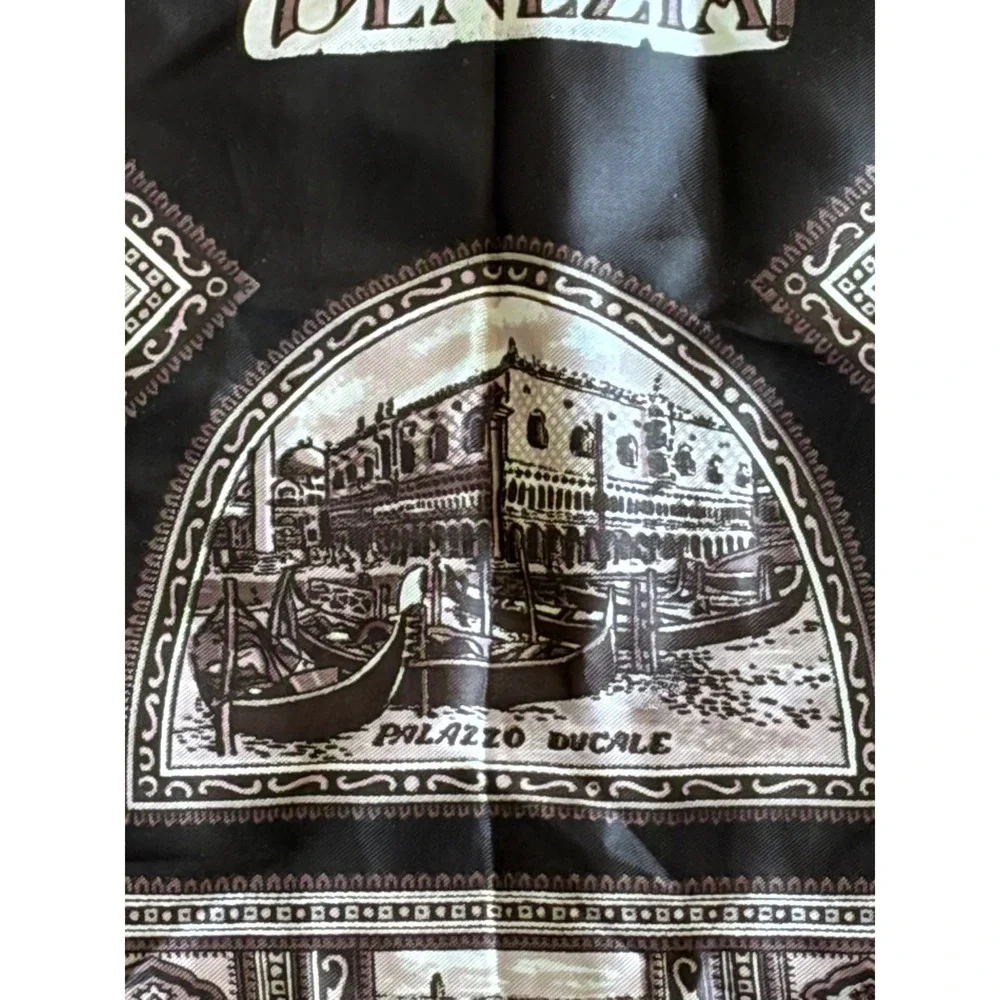 Vintage Venezia Venice Italy Souvenir Scarf Black White Acetate Square 27x27